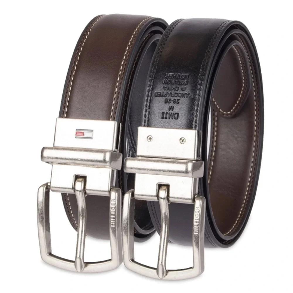 Tommy Hilfiger Imitation Leather Brown/Black Reversible Belt with Silver Buckle
